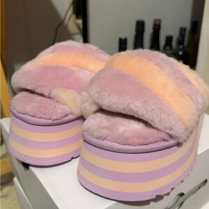 UGG Pink and Peach Fluffy Platform Slippers